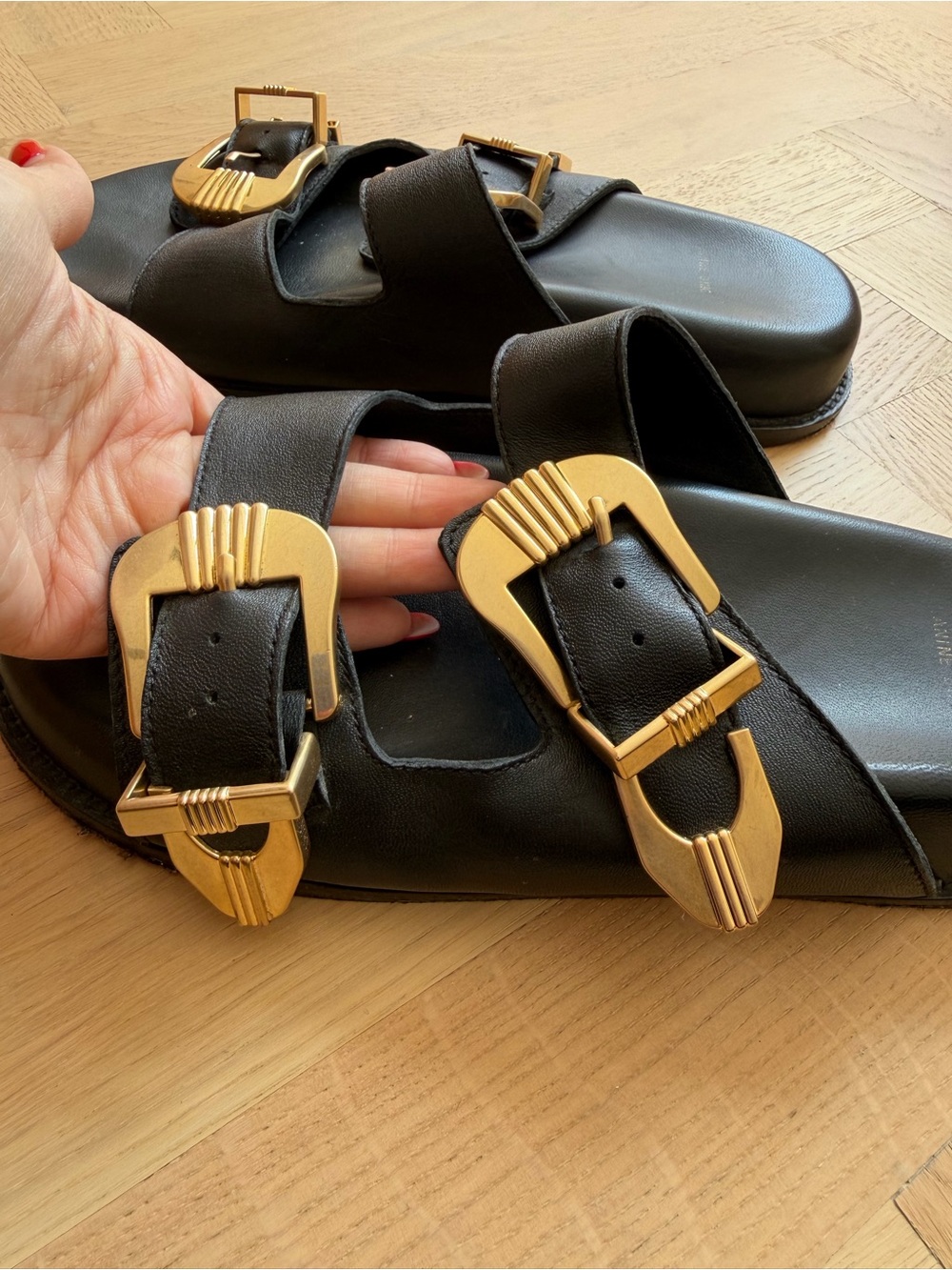 Anine Bing Black Leather Slide Sandals with Gold Buckles - Picture 12 of 16